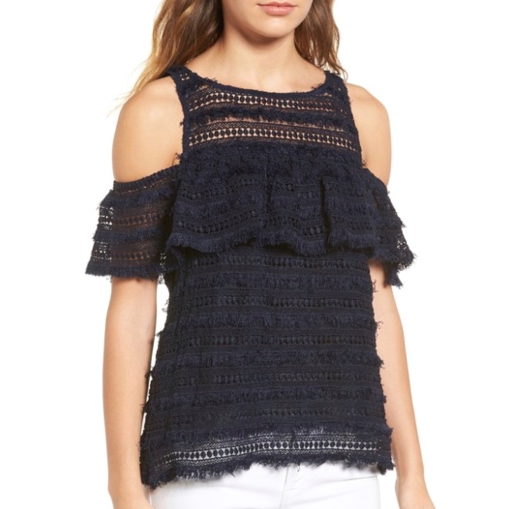 Chelsea28 fringe lace cold shoulder top NWT